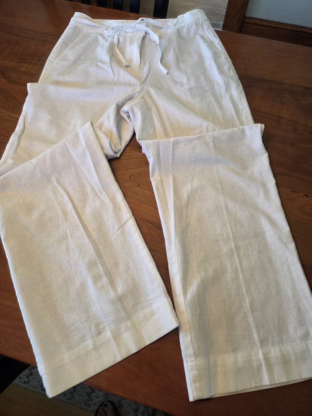 Woman's Loft Tie Waist Pleated Palazzo White Linen Wide leg Pants